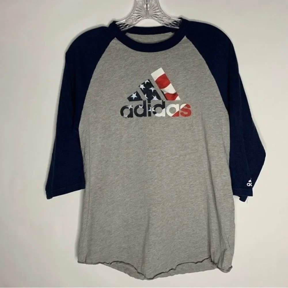Adidas Blue Gray American Flag 3/4 Sleeve Baseball Graphic Tee Small Mens